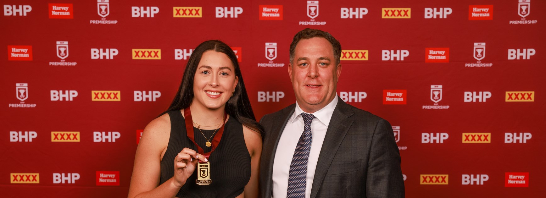 2021 BHP Premiership Player of the Year Romy Teitzel with incoming QRL chief executive officer Rohan Sawyer. Photo: Peter Wallis/QRL
