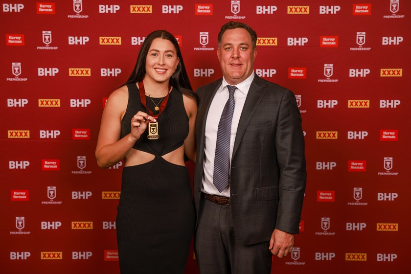 2021 BHP Premiership Player of the Year Romy Teitzel with incoming QRL chief executive officer Rohan Sawyer. Photo: Peter Wallis/QRL