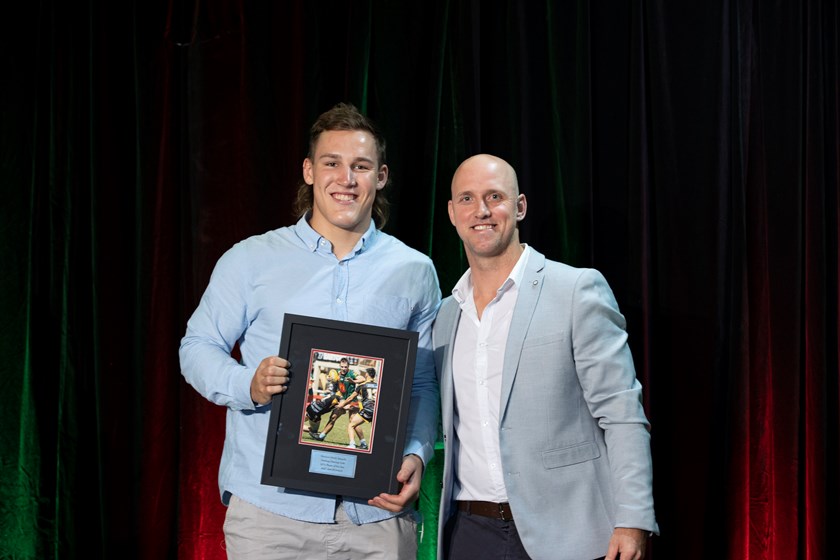 Hastings Deering Colts player of the year Alec Macdonald with coach Michael Dobson. Photo: Jim O'Reilly 