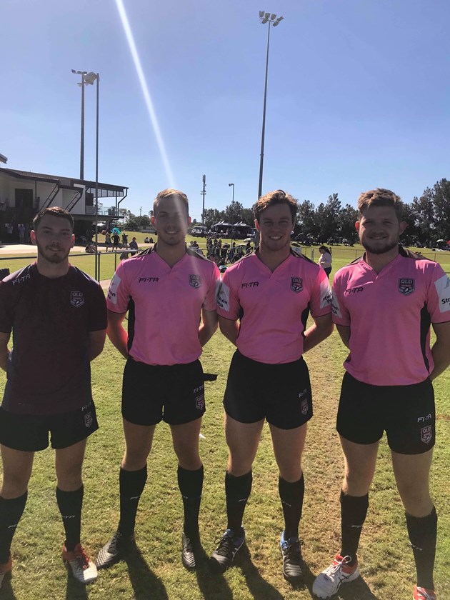 The QSSRL State 15 Years Schoolboys grand final match officials - Rhys Cox (Standby), Jarrod Cameron (TJ), Cooper Sauvage (Ref), Ryan Cracknell (TJ). Photo: supplied