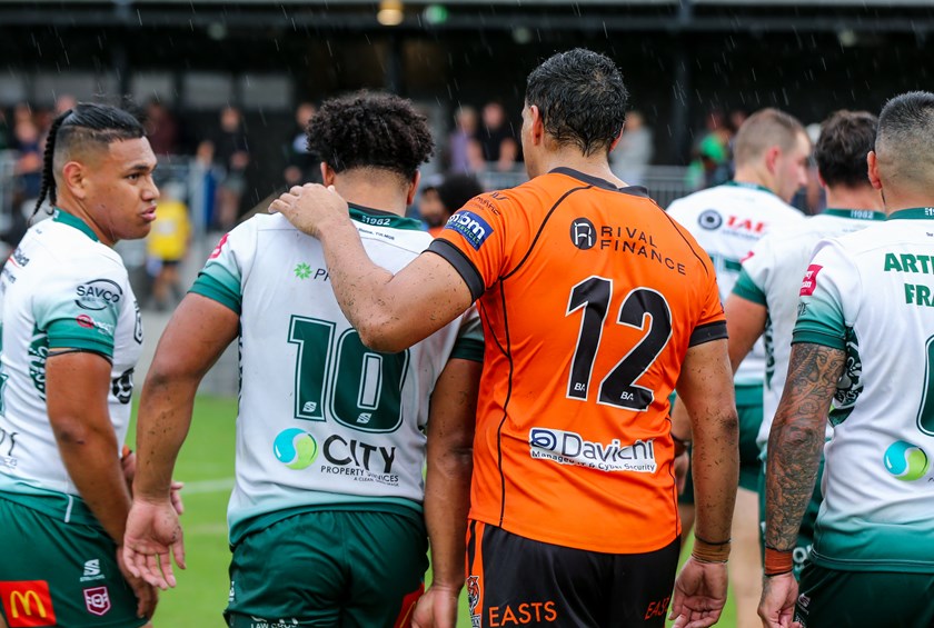 Pahulu with Leivaha Pulu after Ipswich's Round 3 clash with the Brisbane Tigers. Photo: Rikki-Lee Arnold