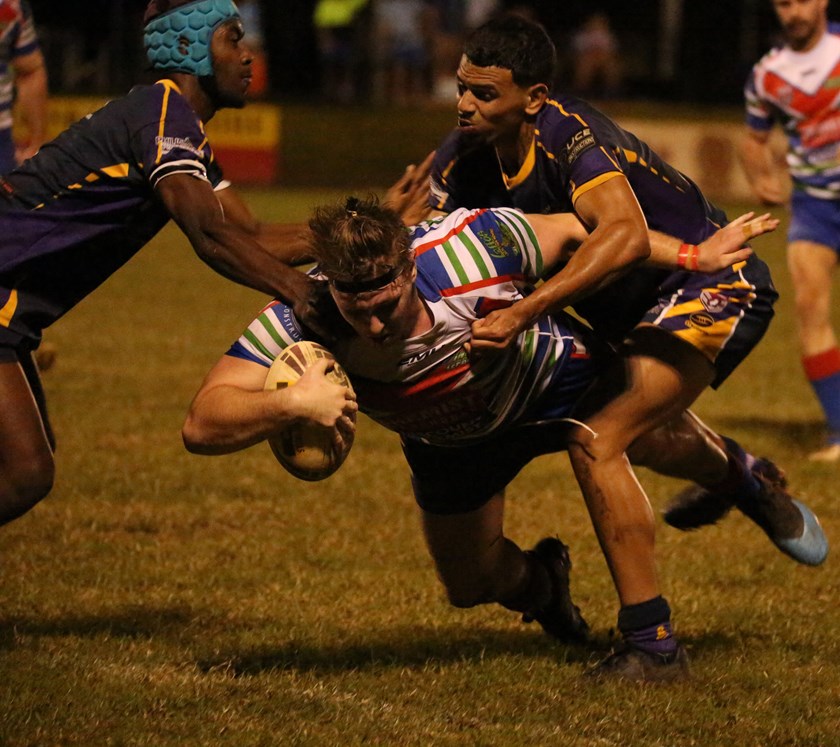 Innisfail's Jaymon Moore proved too strong for the Edmonton Storm defence and crashed over the for his first of two tries in the match Photo: Maria Girgenti
