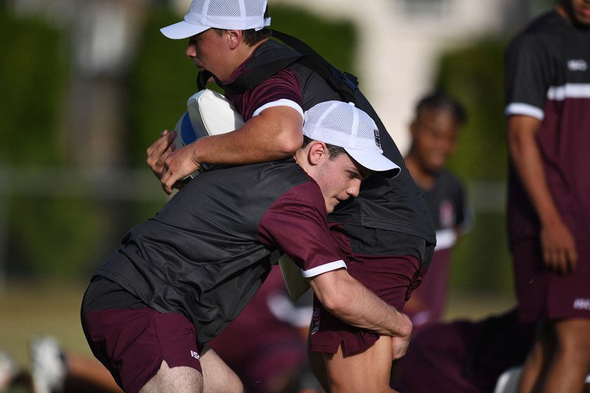 Brayden Duffy tackles Jackson Warde in Queensland Murri Under 16 training. Photo: QRL Media / NRL Images