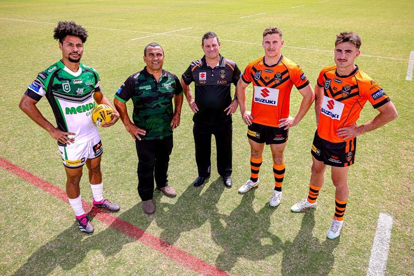 L-R: Townsville captain Ragarive Wavik, Townsville coach Roy Baira, Brisbane coach Mark Gliddon, and Brisbane co-captains Simon Pratt and Jake House.