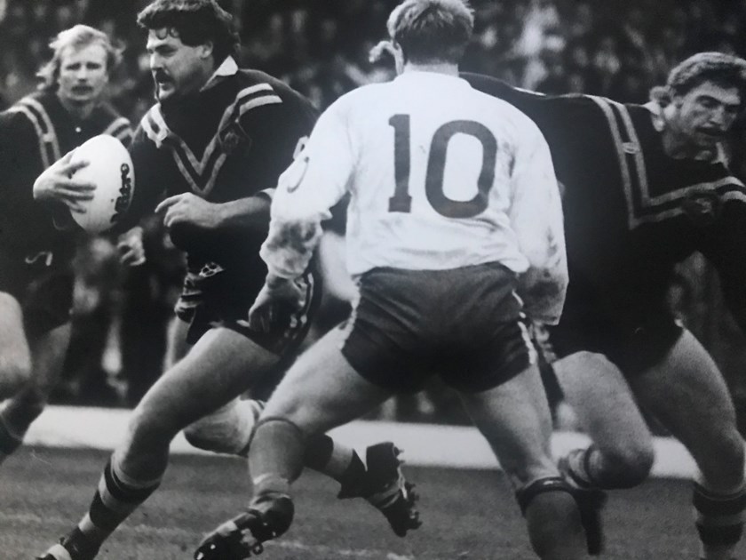Miles makes a break against Great Britain on the 1986 Kangaroo tour with close friend and centre partner Brett Kenny in support. Photo: NRL Images