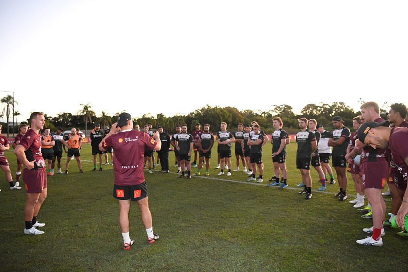 Queensland Maroons coach Billy Slater speaks to the assembled players following their opposed session. Photo: Scott Davis / QRL