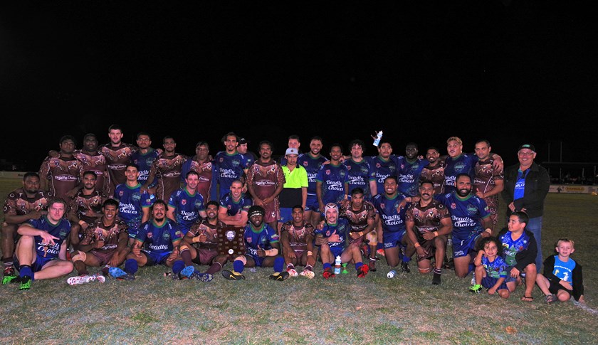 Innisfail Leprechauns and Yarrabah Seahawks players after the inaugural Deadly Choices Invitational match. Photo: Maria Girgenti