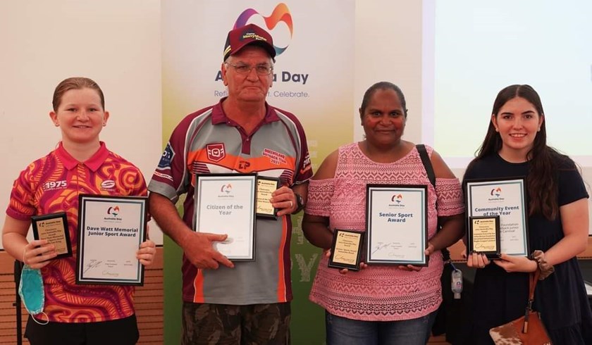 Ruby King, Chris Waters, Samantha Bond and Louise Waters (representing the ABF Queensland Outback Junior Carnival organisers) with their awards. Photo: supplied
