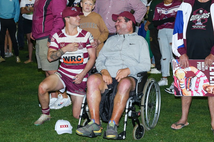 Carl Webb (right) celebrating with Dalby after they won the Toowoomba A grand final in September. 