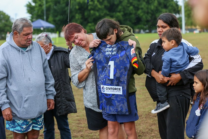 Michael Purcell's family receive Bulimba's No.1 Indigenous jersey in his honour. Photo: Jorja Brinums/QRL