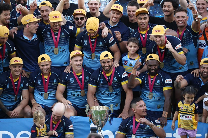 Hiale Roycroft is one of the happy Norths Devils faces following their grand final win in 2021. Photo: QRL