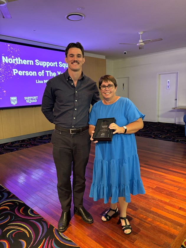 Lisa Milne (right) attended the Support Squad awards ceremony at Burleigh on October 11, receiving her award from QRL South East wellbeing and education manager Dave Sheridan.