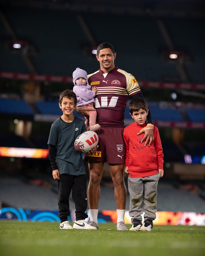 Gagai with Dante, Aiyana and Cruz at the Game II captain's run. Photo: Erick Lucero/QRL