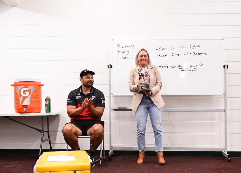 Lorna Morton with the Liam Hampson Cup in 2023. Photo: Zain Mohammed/QRL