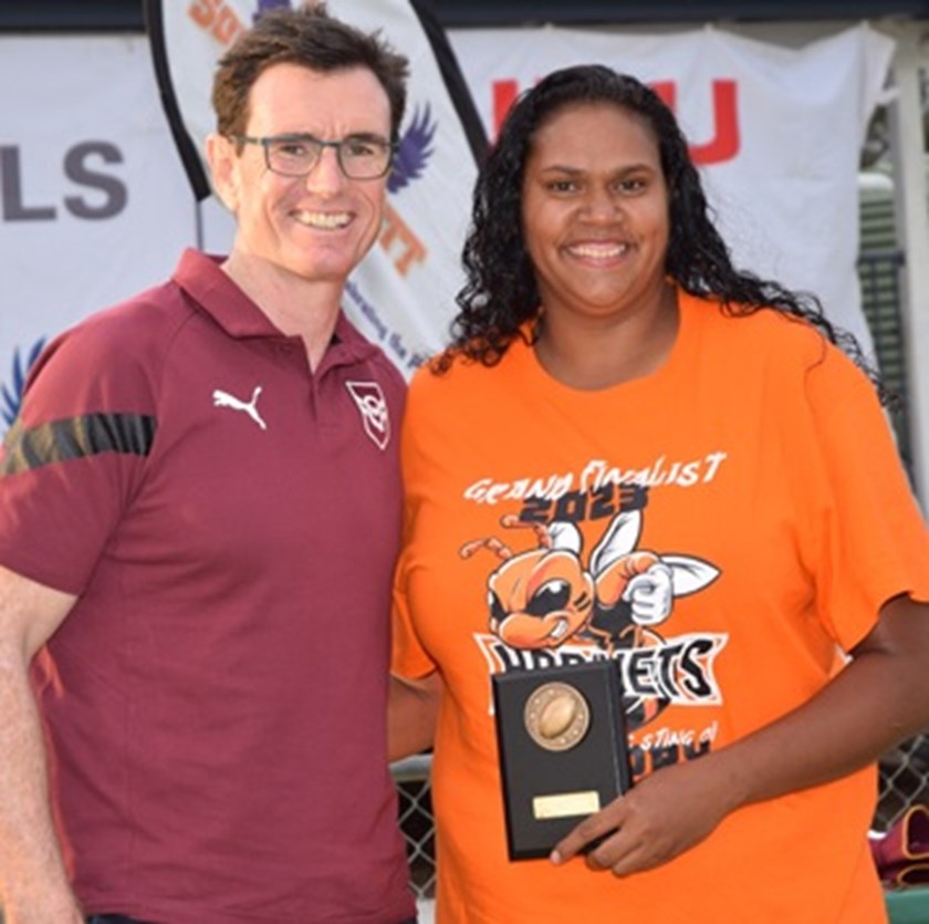QRL CEO Ben Ikin with Kalchiri Jacobs at the 2023 South Burnett Rugby League awards. Photo courtesy of South Burnett Online
