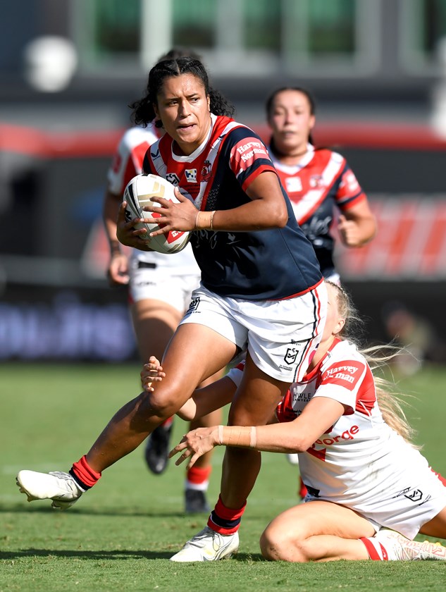 Zahara Temara with the ball for the Roosters in the NRLW grand final win against St George Illawarra Dragons. Photo: NRL Images