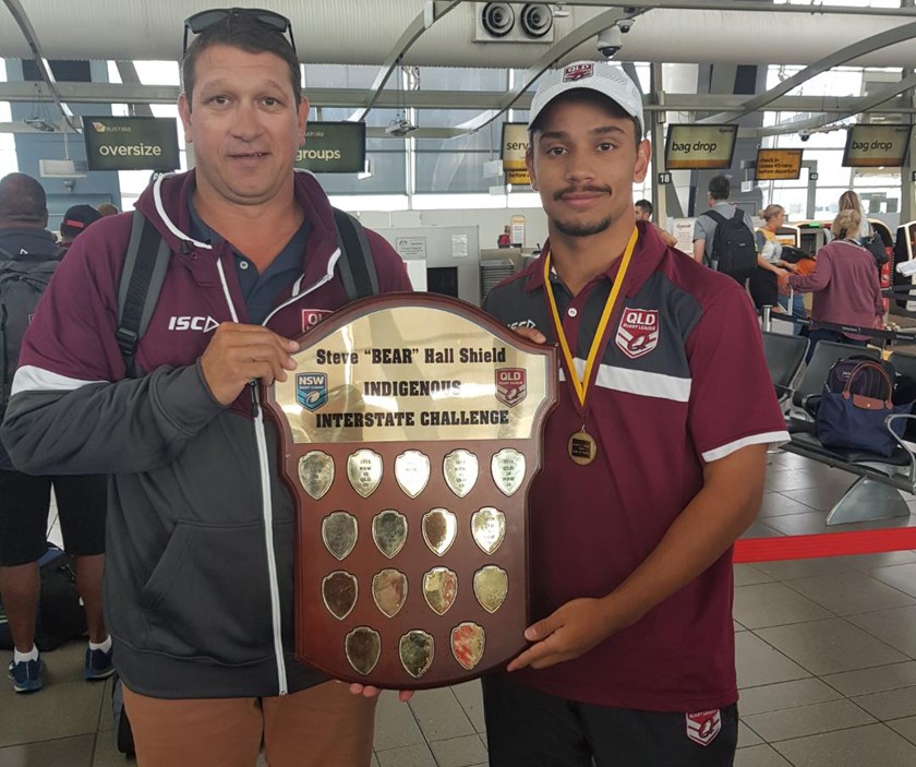 Gary Halliday and Keanu Wright-Dunrobin following the Queensland Murri Under 16 win in 2019. Photo: supplied