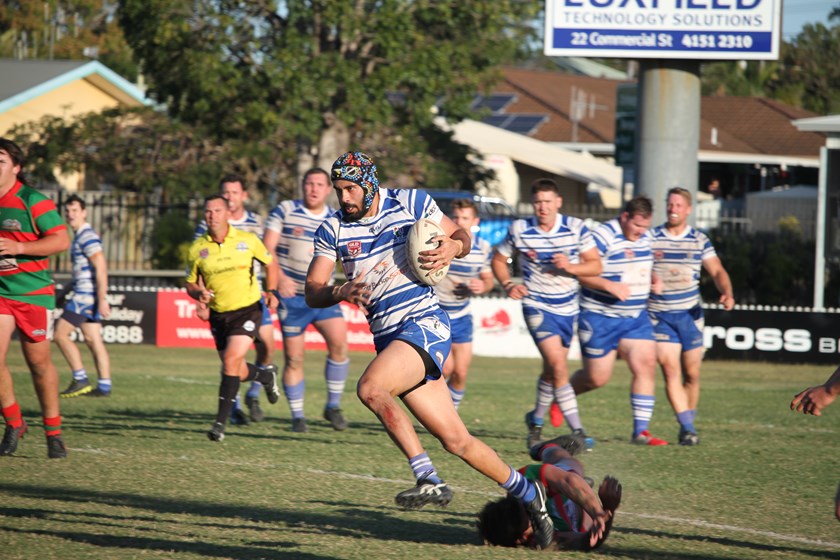 Past Brothers centre Jayden Alberts steps out of a Hervey Bay Seagulls before racing 80 metres for a superb try in the Bundaberg Broadcasters A Grade Premiership preliminary final at Salter Oval on Saturday. Photo: Vince Habermann
