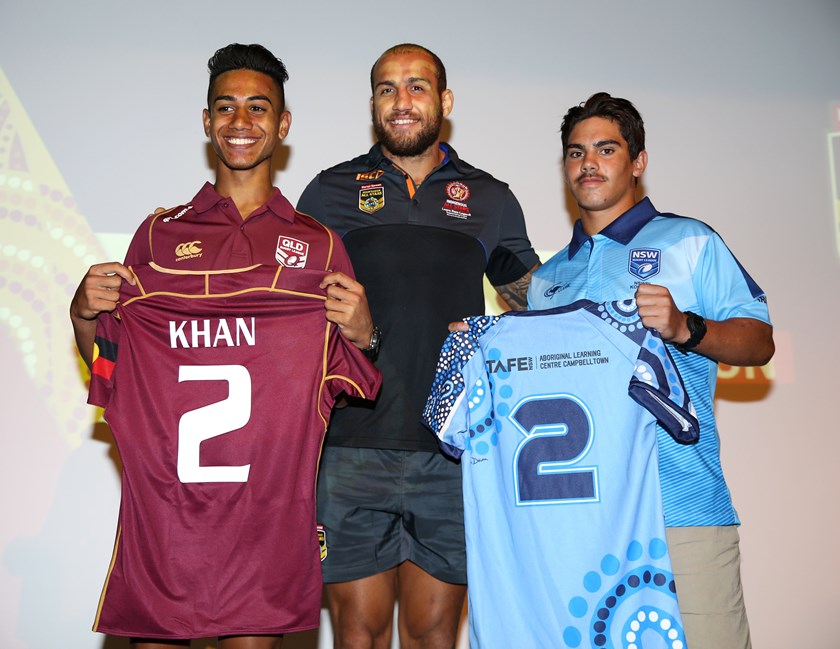 Alofi Khan Pereira gets presented his Queensland Murri Under 16 jersey. 