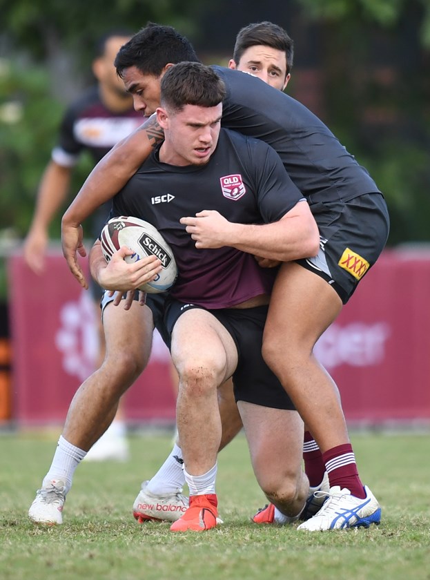 Ethan Bullemor takes part in an opposed session between the Queensland Under 20 squad and Queensland Maroons in 2019. Photo: NRL Images