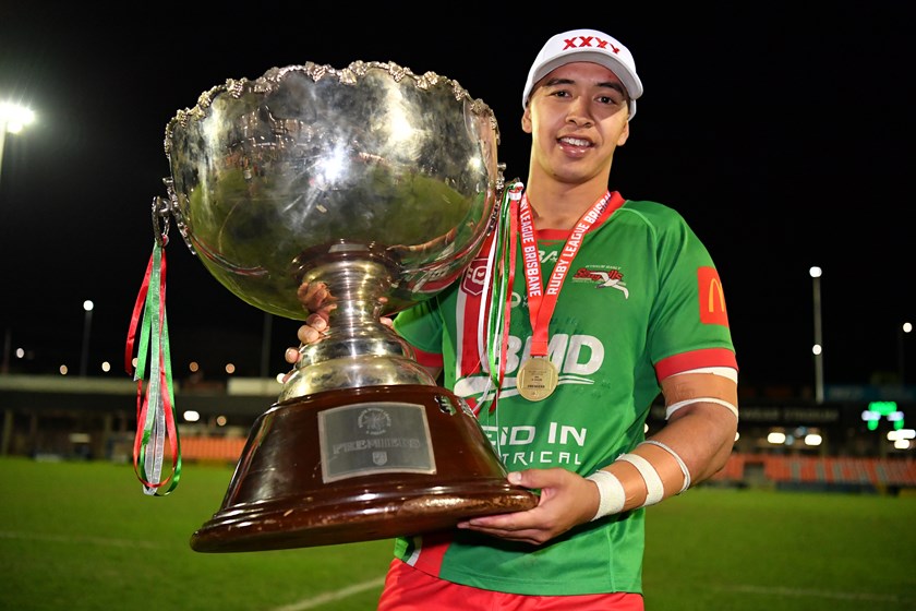 Wynnum Manly Juniors captain Savaan Tahere with the trophy. Photo: Vanessa Hafner