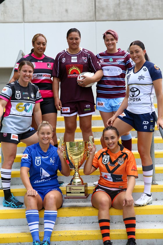 Georgia Hale, Asi Mafi, Jasmin Kemp, Chelsea Baker, Romy Teitzel, Meg Ward and Chanelle Kohika-Skipper represent their clubs. Photo: Scott Davis / QRL