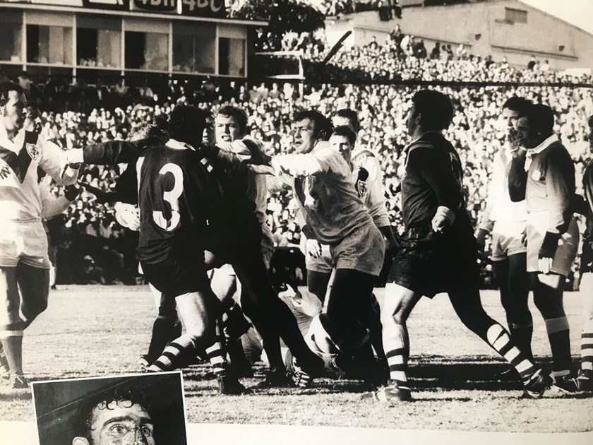 Don Lancashire (far right) tries to restore order in the First Test of the 1970 Australia v Great Britain series at Lang Park.