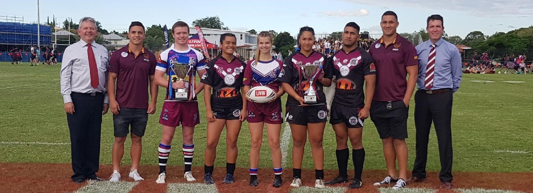The male and female captains of Marsden and Wavell with former students Kodi Nikorima (Wavell) and Jaydn Su’A (Marsden) joined by Wavell principal Jeff Major and Marsden principal Andrew Peach.