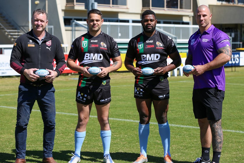 Dave Maiden, Cup players Bailey Hartwig and Epel Kapinias in the Turn to Me Round socks, Dayne Weston. Photo: Jorja Brinums/QRL
