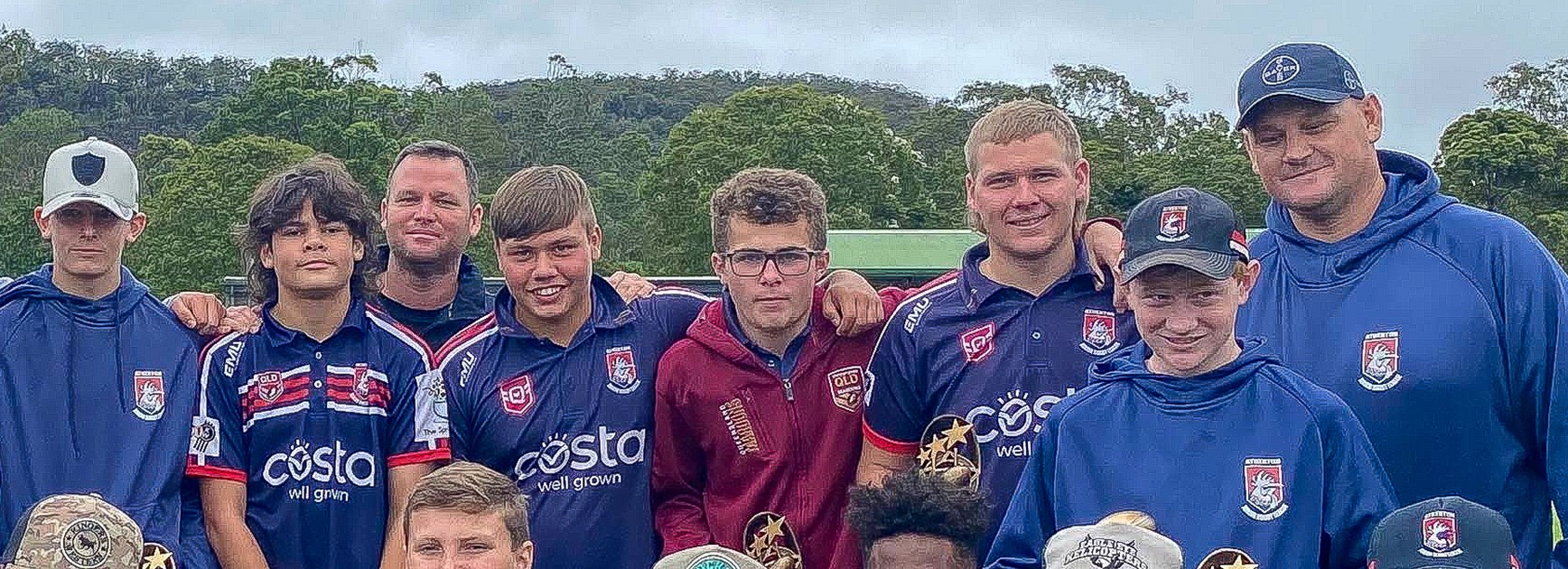Andrew Beazley, pictured in the QLD Maroons jumper, with his teammates from the Atherton Roosters. Photo: Atherton Roosters JRL Facebook.