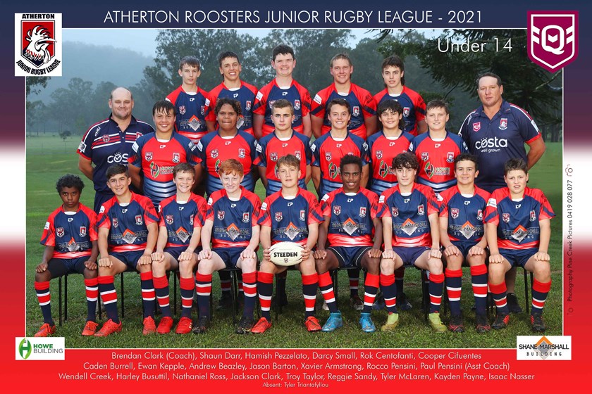 The under 14s Atherton Roosters, pictured in 2021. Andrew Beazley stands third from the left in the middle row. Photo: Dominic Chaplin, Pine Creek Pictures