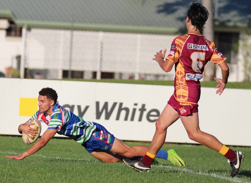 Devante Heron crashed over for Innisfail's first try in the Reserve grade game against Suburbs. Photo: Maria Girgenti