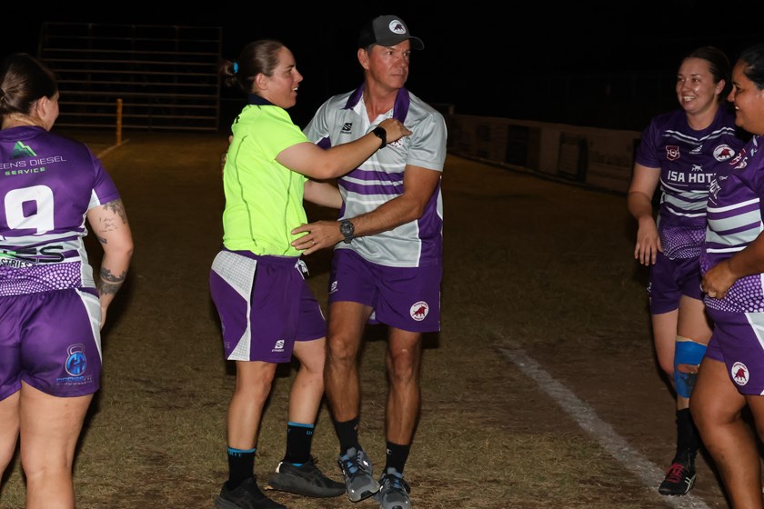 Wranglers' Hannah Clarke (left) and coach Col Ryder after securing the win. Photo: Jacob Grams/QRL