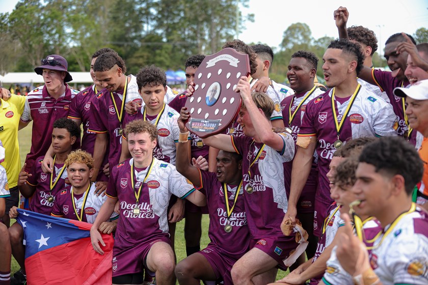 Under 16 Queensland Murri celebrate their 2023 win. Photo: Erick Lucero/QRL