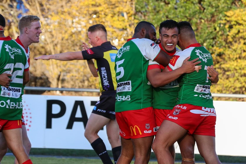 Junior Pauga celebrates his try. Photo: Jorja Brinums / QRL