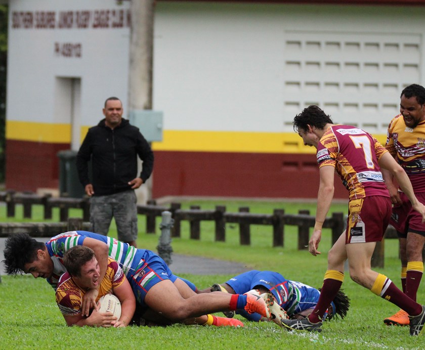 Suburbs A grade debutante Taj Walker shows his delight after he barged his way over for a try in the second half. Photo: Maria Girgenti 
