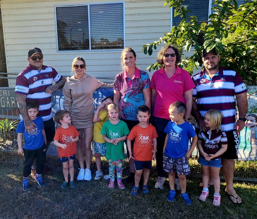 Peak Downs Pirates have been fundraising at home games for the local kindergarten. Members of the club pictured with staff and children from the kindergarten. Photo: Supplied