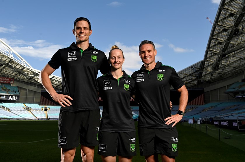 The 2023 grand final day team in Wyatt Raymond, Belinda Sharpe and Adam Gee. Photo: NRL Imagery