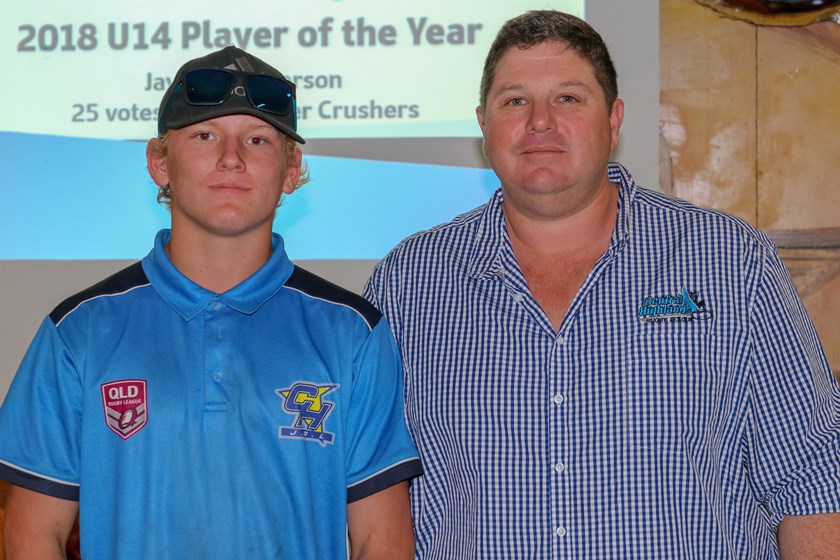 Under 14 Player of the Year Jayden Sanderson with CHJRL President Greg Coase.