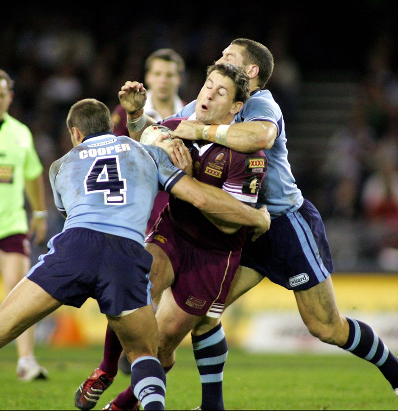 In action for the Maroons. Photo: NRL Images