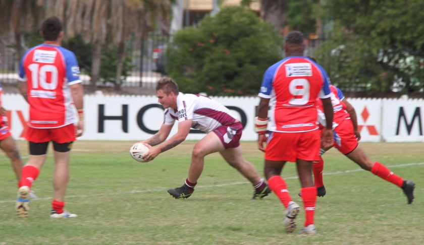 Lachlan Patterson touches down for a try for Bundaberg in the 47th Battalion plate final against Wide Bay Rangers. The strapping forward will be back in action for his club Wests Panthers in their clash with Easts Magpies. Photo: Vince Habermann