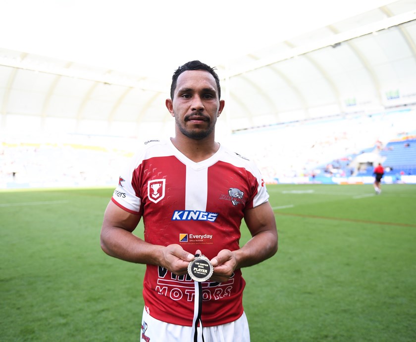 Trai Fuller with the inaugural Liam Hampson Medal. Photo: Zain Mohammed/QRL