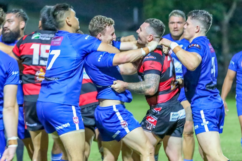 Tempers flared in the Round 2 clash between the two rivals. Photo: Jorja Brinums/QRL