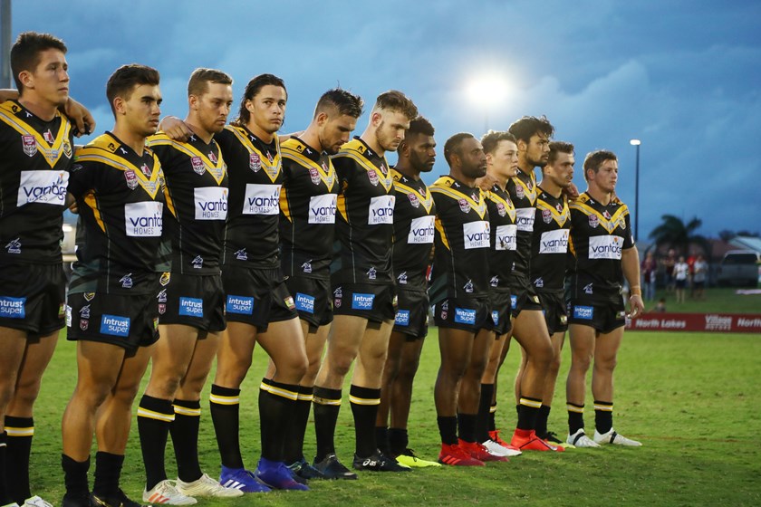 Falcons players lined up before their clash against Redcliffe Dolphins. Photo: QRL Media