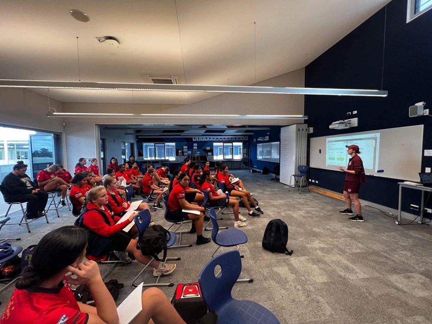 Queensland Maroons great Karina Brown addresses players at the Pine Central development day camp. Photo: V2uua Photography