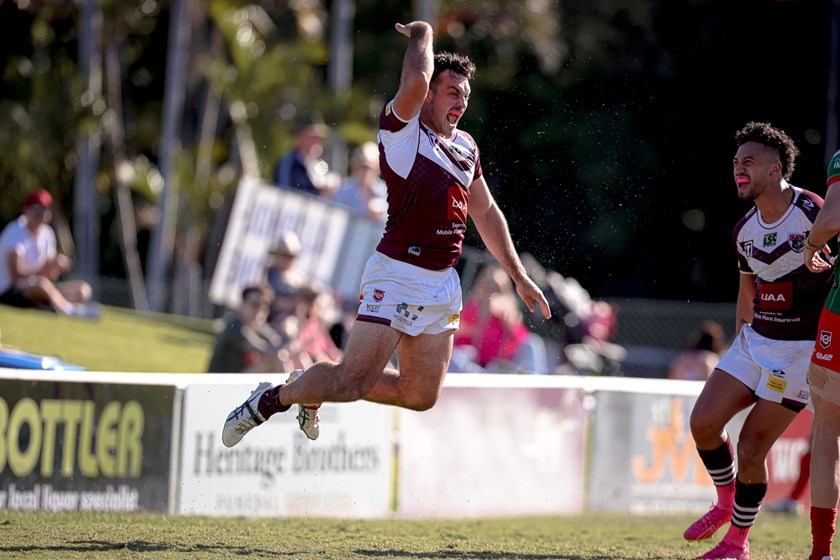 Josh Patston celebrates two tries against Wynnum Manly Seagulls in the preliminary final. Photo: Erick Lucero/QRL