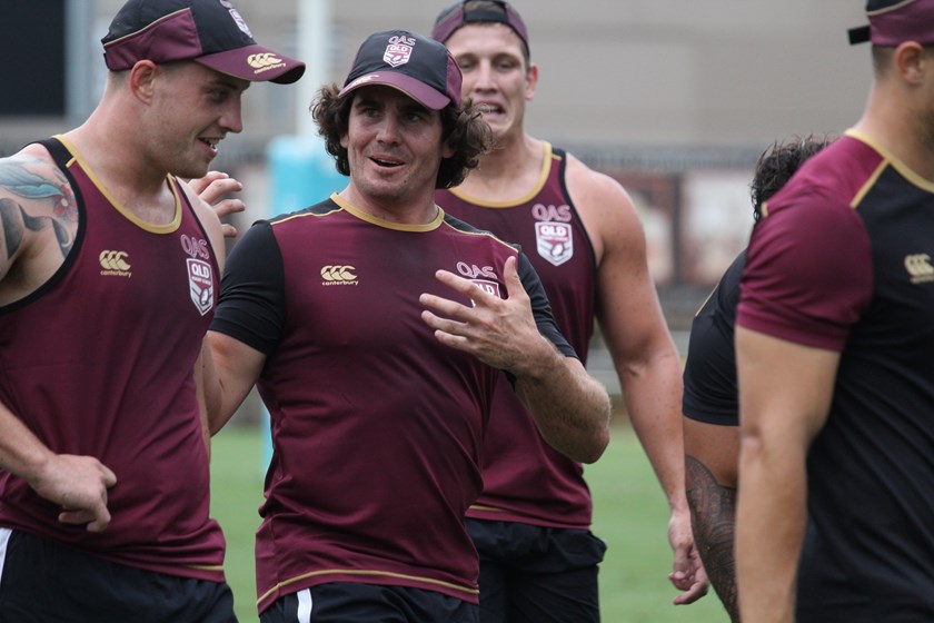 Jake Granville chats to fellow CQ product Cameron Munster at an Emerging Origin camp. 