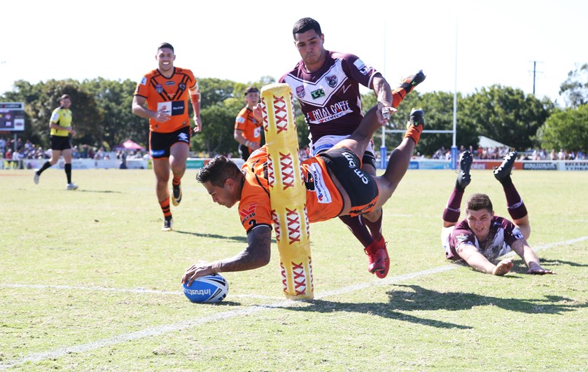 Easts Tigers gun Linc Port scoring a try against Burleigh Bears during the 2018 finals series. Photo: QRL Media