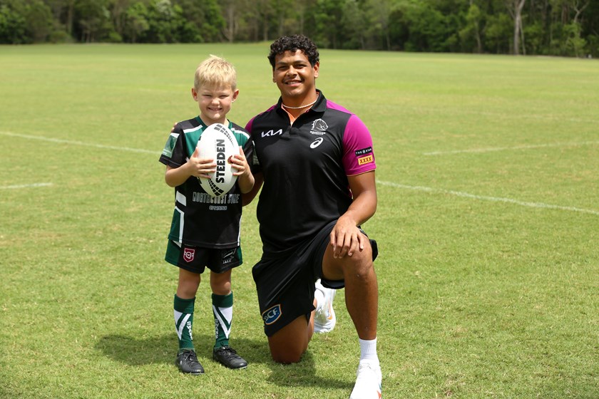 Maroons and Broncos star Selwyn Cobbo with Maroochydore Swans player Jack McKennariery, 6. Photo: Jorja Brinums/QRL