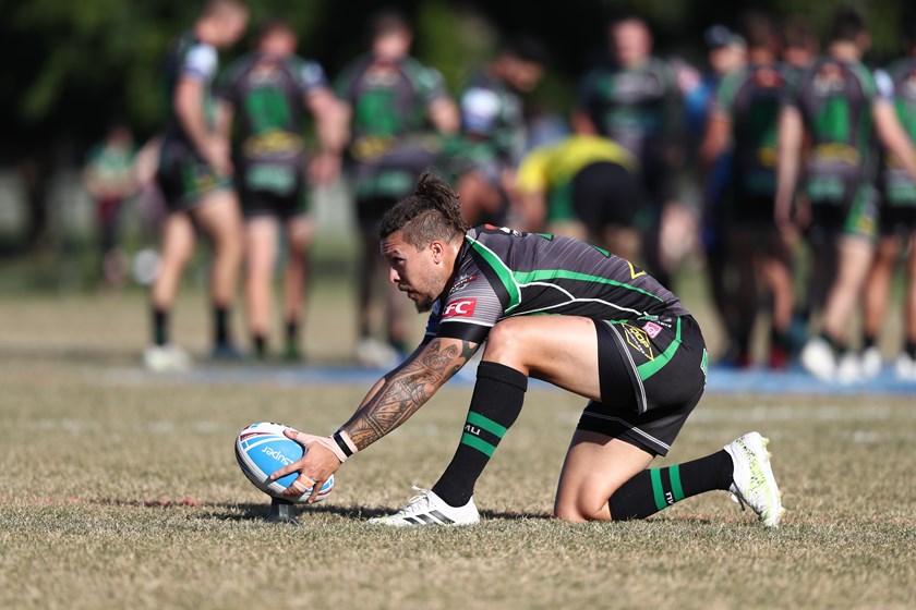 Shaun Nona lines up another conversion for Townsville Blackhawks. Photo: Jason O'Brien / QRL